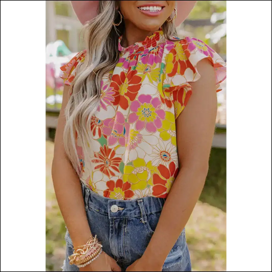 Needful Things: Polyester Paradise – Multicolor Flutter Sleeve Floral! 🌺💀 - s - Blouses on Sale Worldwide Shipping