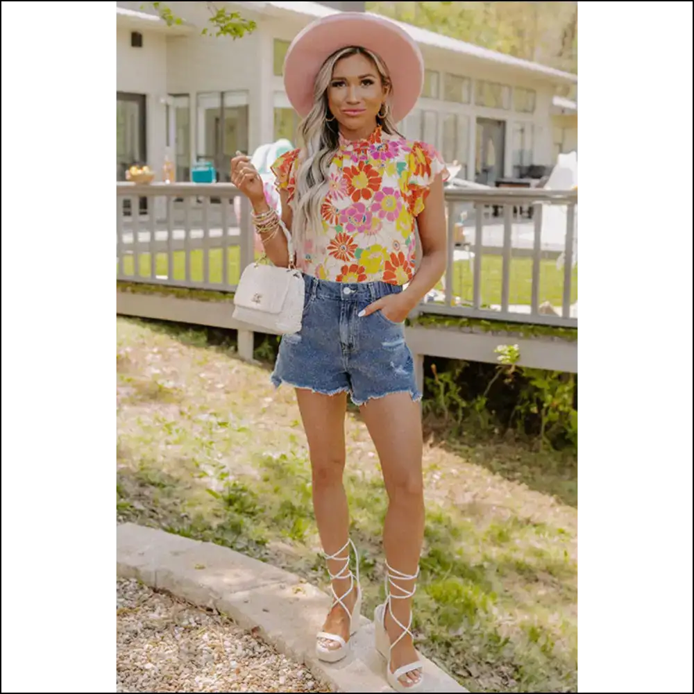Needful Things: Polyester Paradise – Multicolor Flutter Sleeve Floral! 🌺💀 - Blouses on Sale Worldwide Shipping