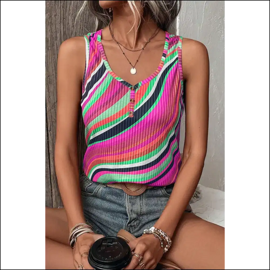 Needful Things: Purple Striped Henley Neck Tank Top - Fabulous! - s - Tops on Sale Worldwide Shipping
