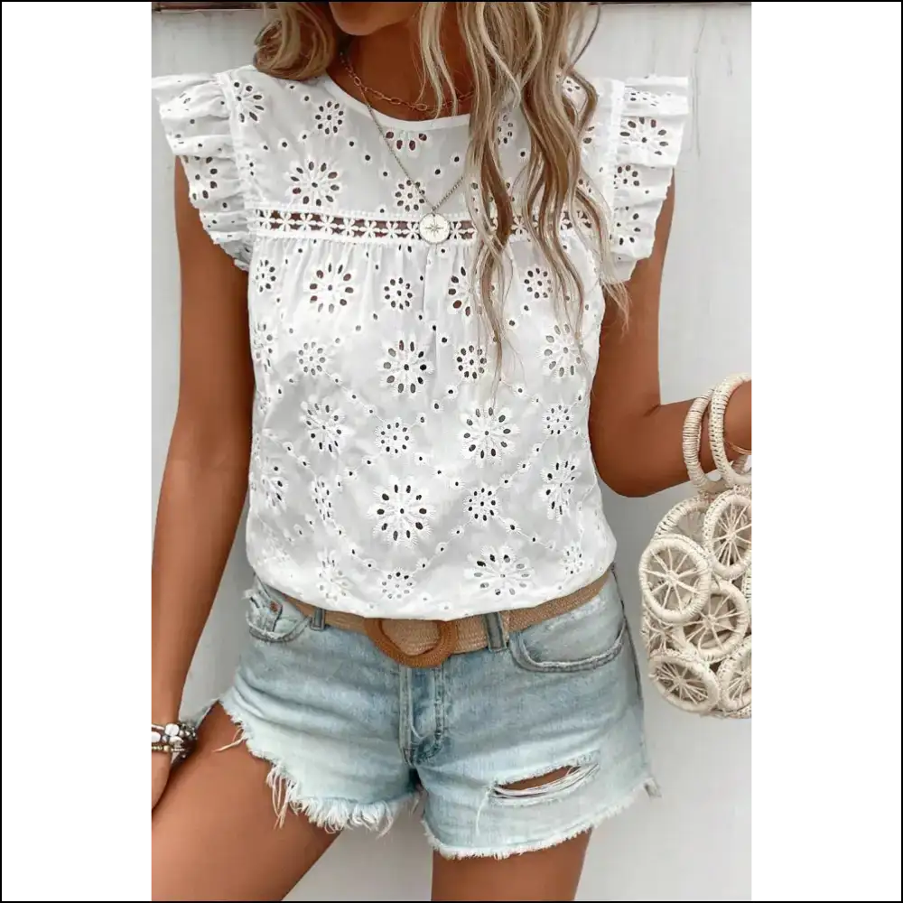 Needful Things: Ruffle Some Feathers in this Chic White Eyelet Tank 😇 - Sleeveless Shirts Tops on Sale Worldwide Shipping