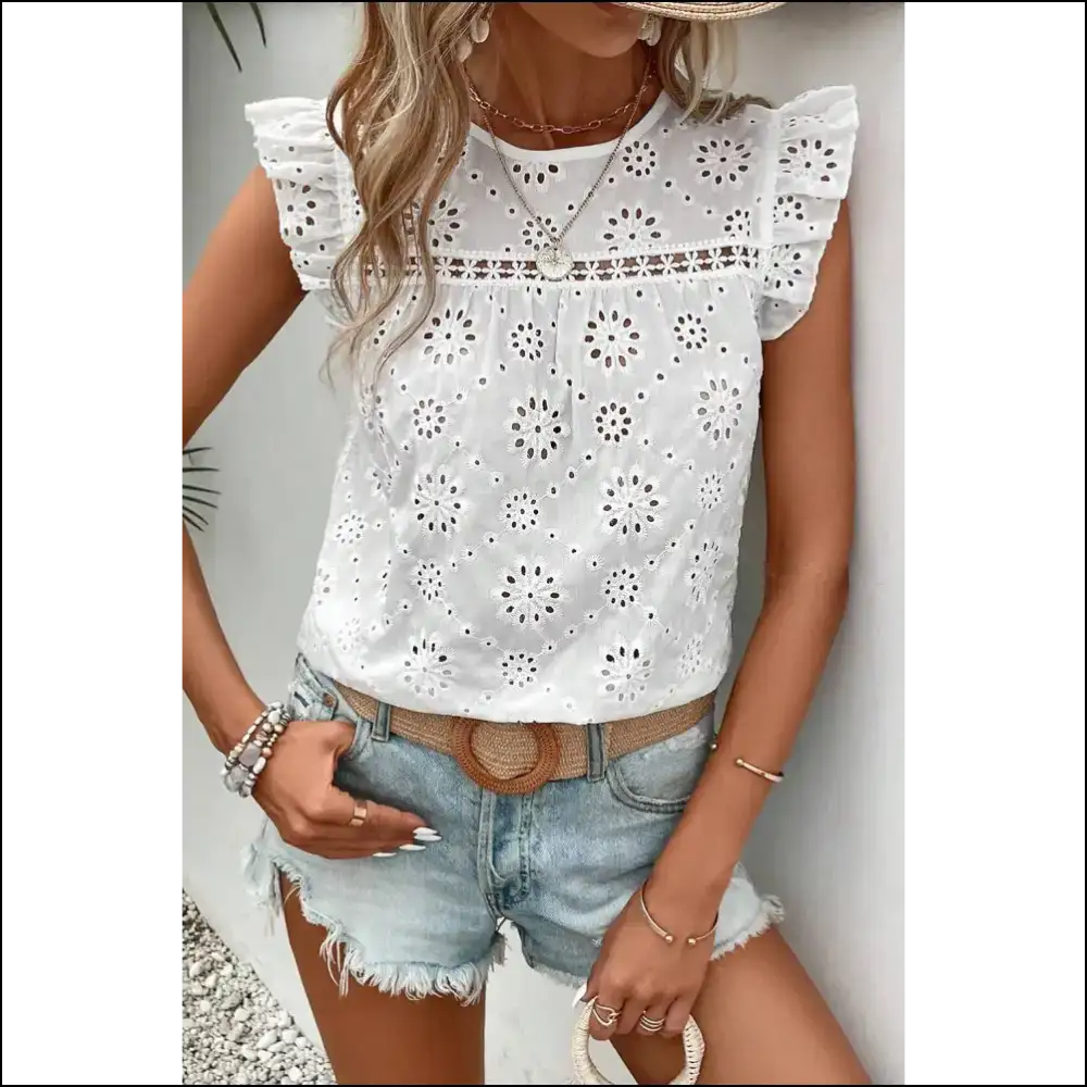 Needful Things: Ruffle Some Feathers in this Chic White Eyelet Tank 😇 - s - Sleeveless Shirts Tops on Sale Worldwide Shipping