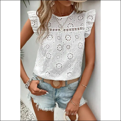Needful Things: Ruffle Some Feathers in this Chic White Eyelet Tank 😇 - s - Sleeveless Shirts Tops on Sale Worldwide Shipping
