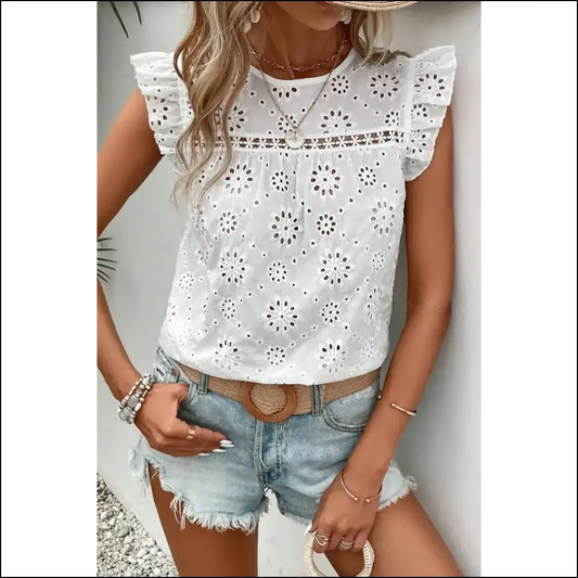 Needful Things: Ruffle Some Feathers in this Chic White Eyelet Tank 😇 - s - Sleeveless Shirts Tops on Sale Worldwide Shipping