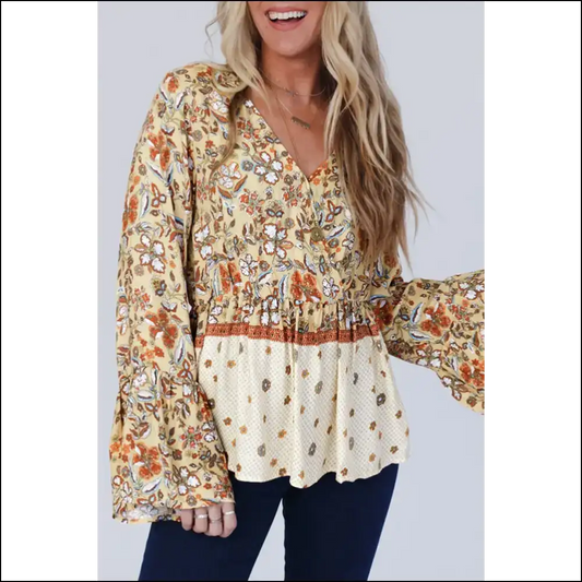 Needful Things: v Neck Bell Sleeve Floral! 🌼 Yellow Power! - s - Blouses on Sale Worldwide Shipping