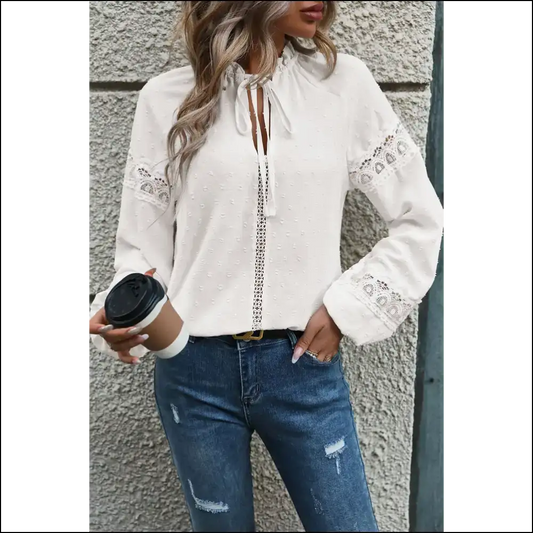 Needful Things: White Swiss Dot Frill Neck Blouse - too Good! 💀 Lace Patchwork Perfection! ✨ - s - Blouses on Sale Worldwide Shipping