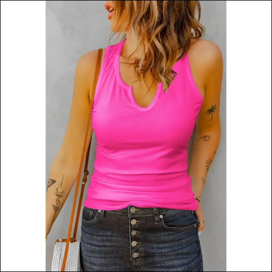 Notched Neck Ribbed Tank: Because who Needs a Anyway? 😂👕 - Bright Pink / m - Tank Tops on Sale Worldwide Shipping