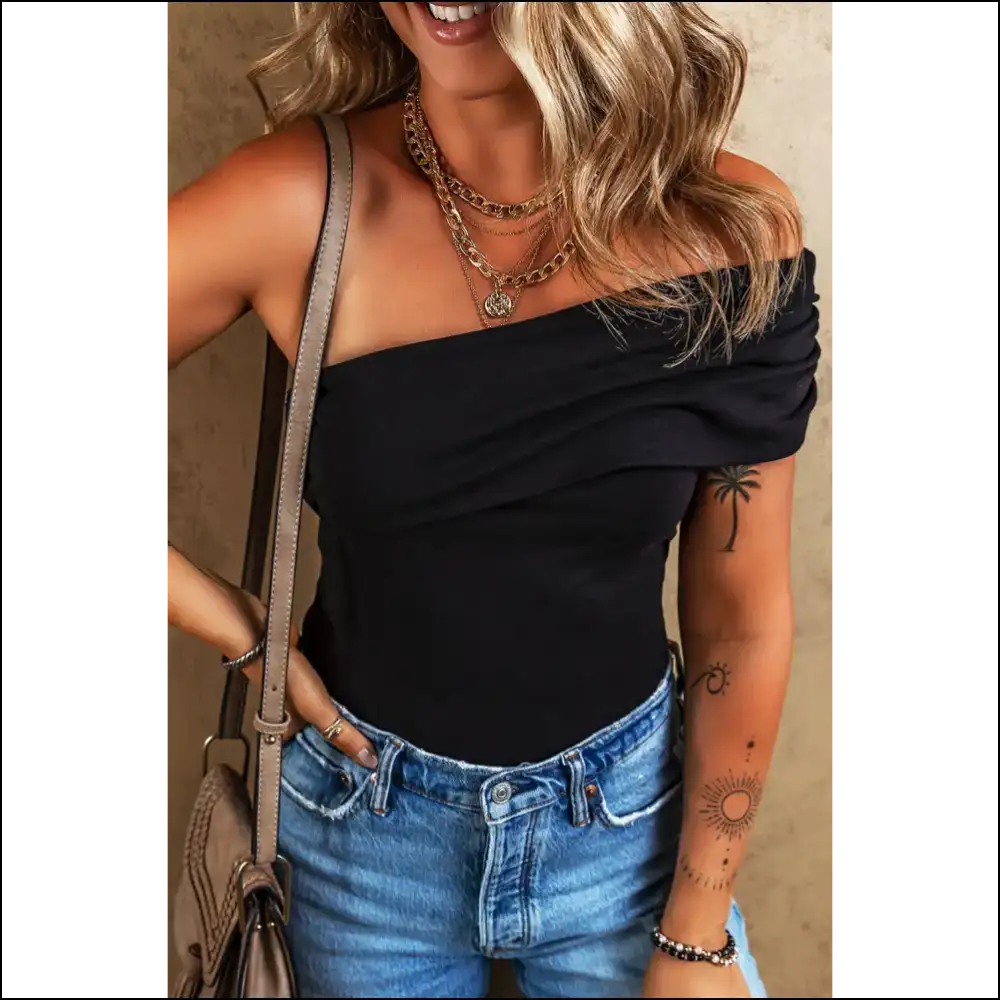 One Shoulder Pleated Bodysuit: Slay Queen (needful Things Made me do It) 😈 - Black / s - Bodysuit on Sale Worldwide Shipping