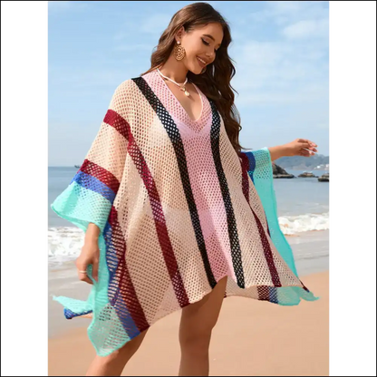 Openwork Color Block Plunge Cover-up - Cover-ups Swimwear on Sale Worldwide Shipping