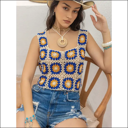 Openwork Graphic Square Neck Tank - Chic & Trendy - Royal Blue / s - Tops on Sale Worldwide Shipping