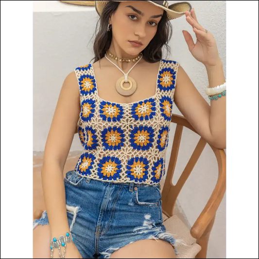 Openwork Graphic Square Neck Tank - Chic & Trendy - Royal Blue / s - Tops on Sale Worldwide Shipping