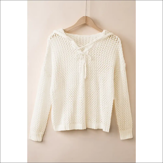 Openwork Lace-up Hooded Sweater - Cream / s - Sweaters on Sale Worldwide Shipping