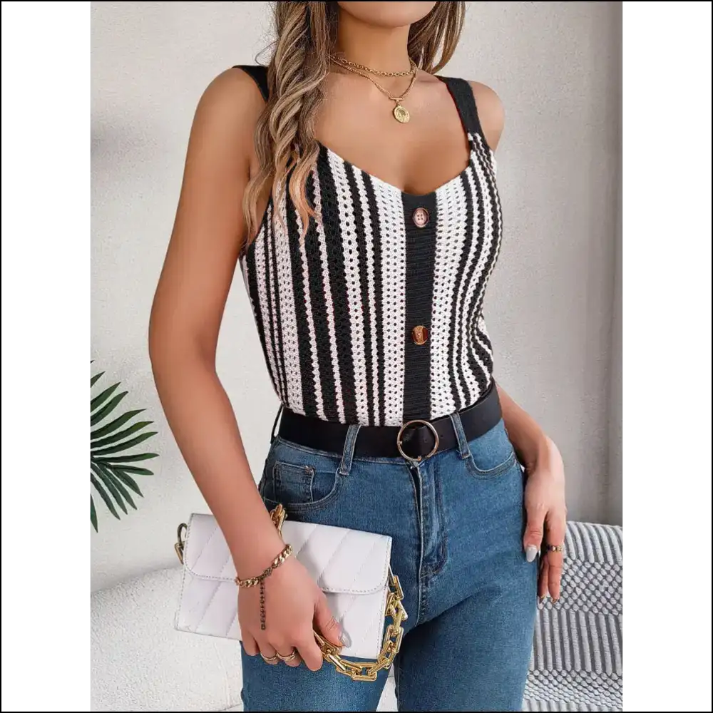 Openwork Striped V-neck Tank Top - Tops on Sale Worldwide Shipping