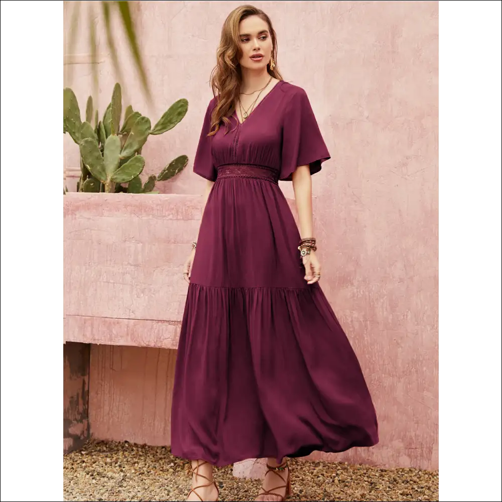 Chic Openwork V-neck Flare Sleeve Dress - Strawberry / 2xl - Dresses on Sale Worldwide Shipping