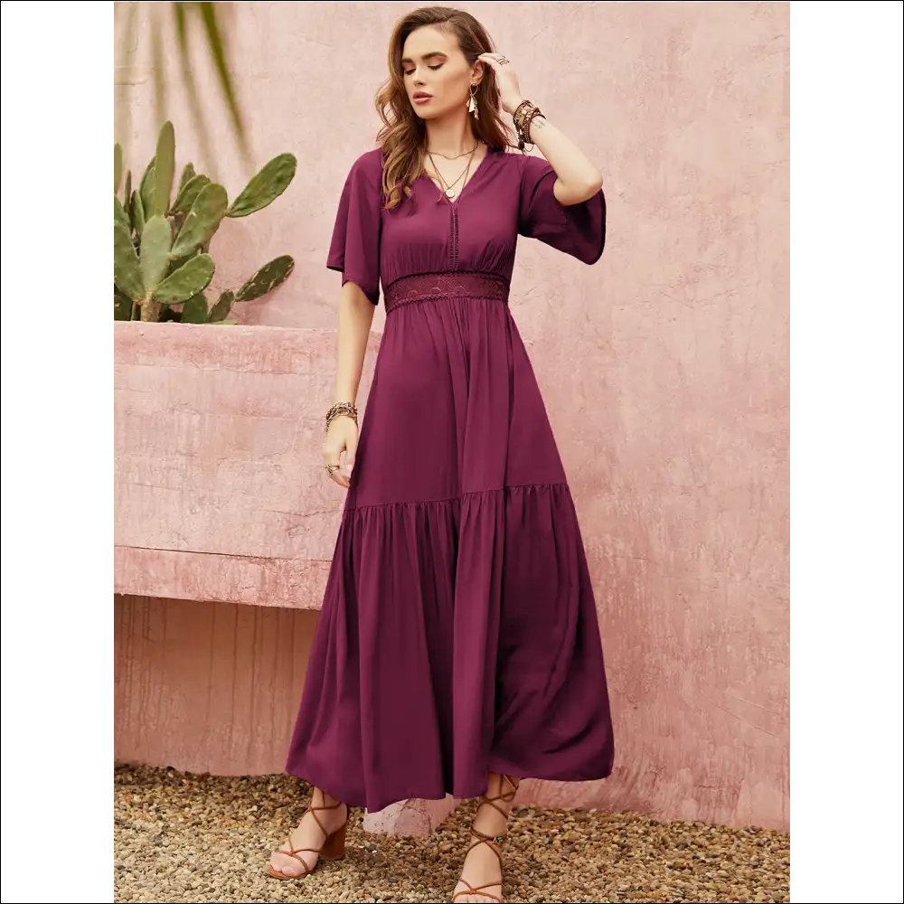 Chic Openwork V-neck Flare Sleeve Dress - Dresses on Sale Worldwide Shipping