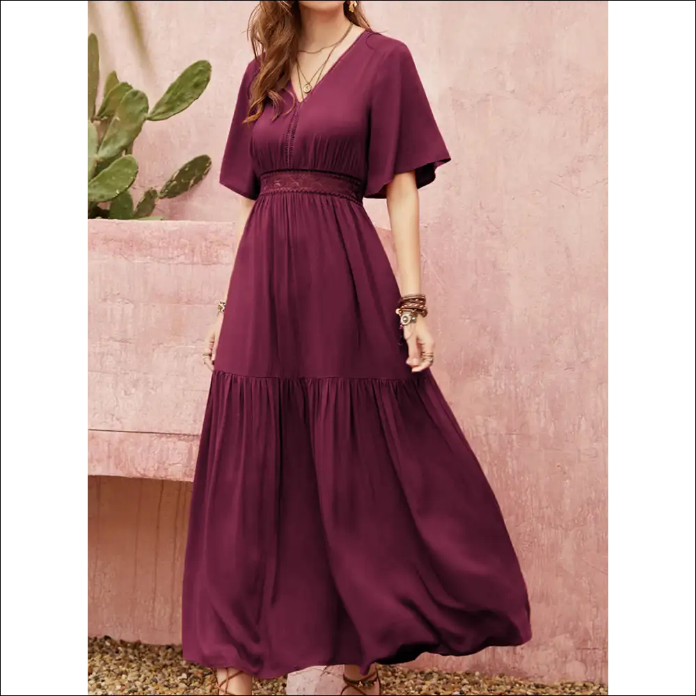 Chic Openwork V-neck Flare Sleeve Dress - Dresses on Sale Worldwide Shipping