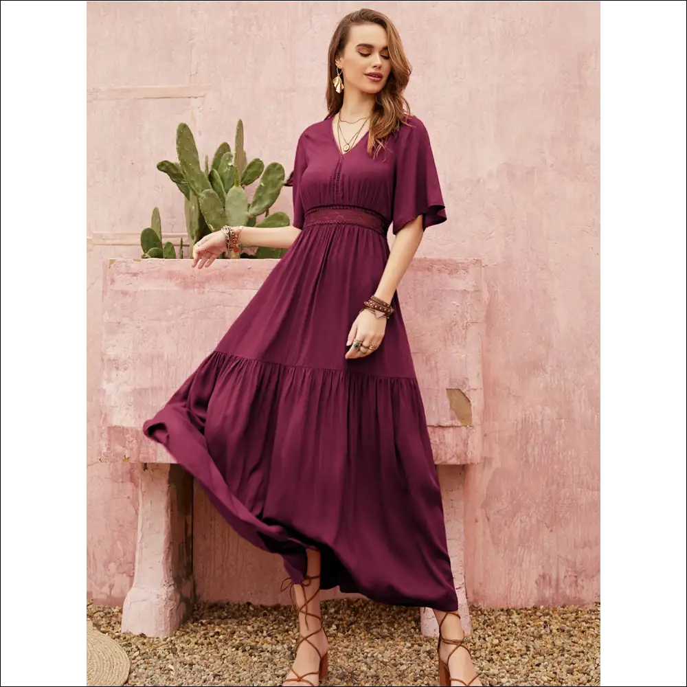 Chic Openwork V-neck Flare Sleeve Dress - Dresses on Sale Worldwide Shipping