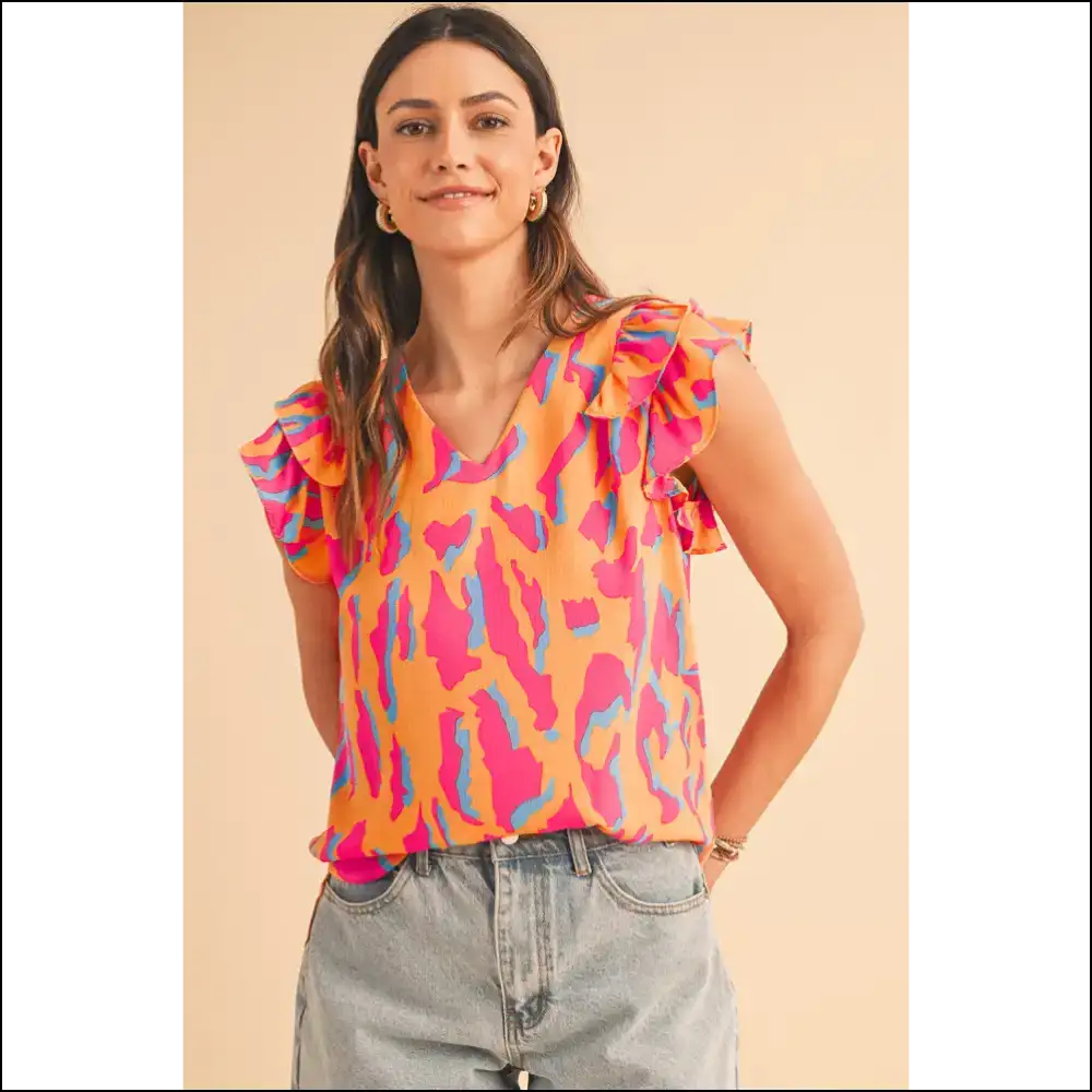 Orange Abstract Ruffled Sleeve Blouse: Because Adulting is Hard 🧡 - s - Blouses on Sale Worldwide Shipping
