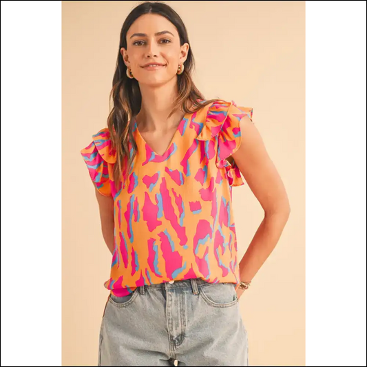 Orange Abstract Ruffled Sleeve Blouse: Because Adulting is Hard 🧡 - s - Blouses on Sale Worldwide Shipping