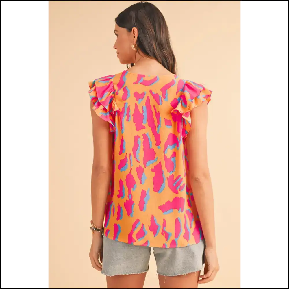 Orange Abstract Ruffled Sleeve Blouse: Because Adulting is Hard 🧡 - Blouses on Sale Worldwide Shipping