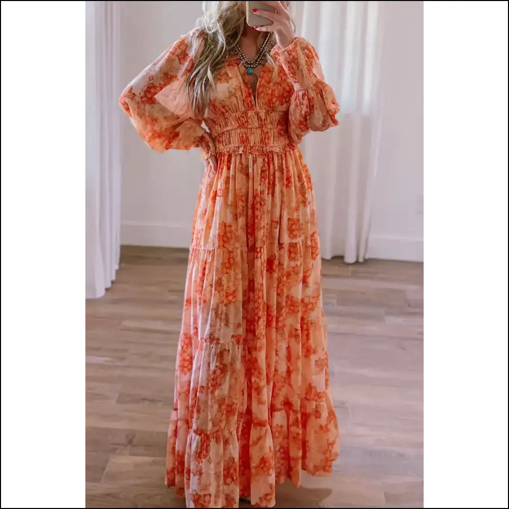Orange Boho Floral Bishop Sleeve Maxi: Dress so Good It’s Magical 🌼 Needful Things - Maxi Dresses on Sale Worldwide Shipping
