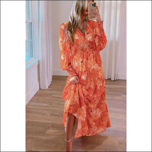 Orange Boho Floral Bishop Sleeve Maxi: Dress so Good It’s Magical 🌼 Needful Things - s - Maxi Dresses on Sale Worldwide Shipping