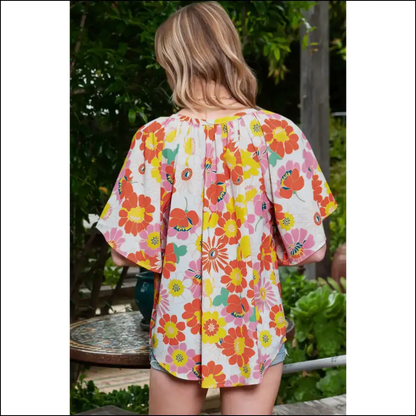 Orange Floral Flutter Sleeve Blouse: Neck Sleeve? We’re Blushing! 🧡 - Blouses on Sale Worldwide Shipping