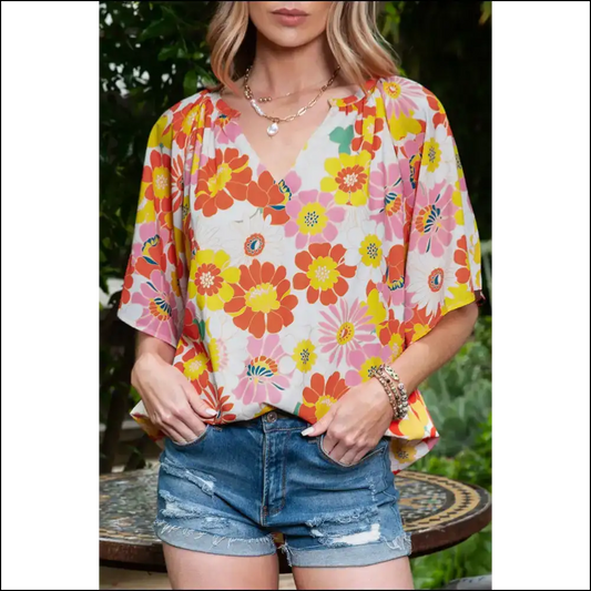 Orange Floral Flutter Sleeve Blouse: Neck Sleeve? We’re Blushing! 🧡 - s - Blouses on Sale Worldwide Shipping