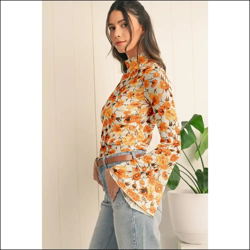 Orange Floral Print Bell Sleeve: Unleash your Inner Goddess (needful Things) 🌺 - Blouses on Sale Worldwide Shipping