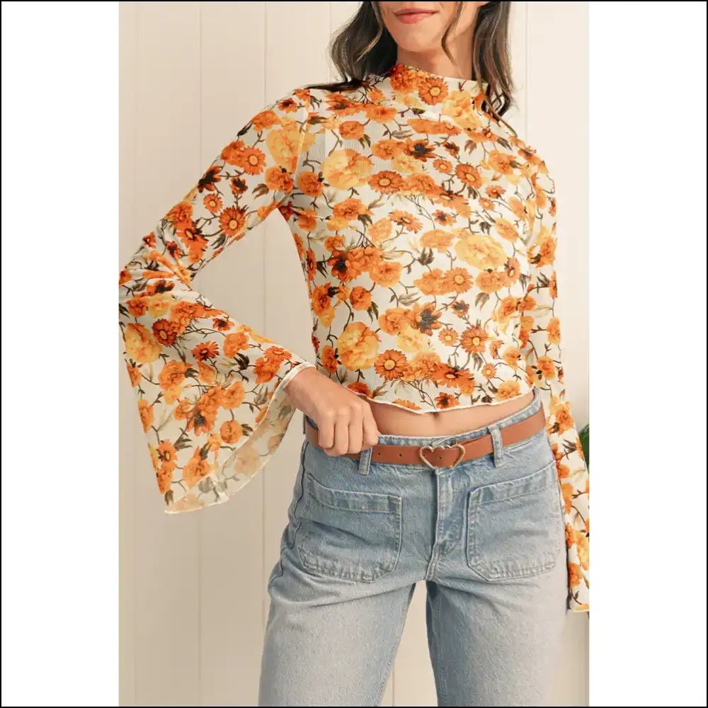 Orange Floral Print Bell Sleeve: Unleash your Inner Goddess (needful Things) 🌺 - s - Blouses on Sale Worldwide Shipping