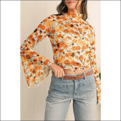 Orange Floral Print Bell Sleeve: Unleash your Inner Goddess (needful Things) 🌺 - s - Blouses on Sale Worldwide Shipping