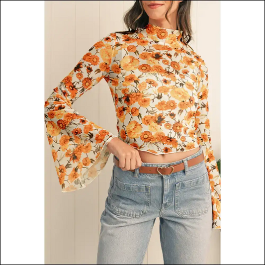 Orange Floral Print Bell Sleeve: Unleash your Inner Goddess (needful Things) 🌺 - s - Blouses on Sale Worldwide Shipping