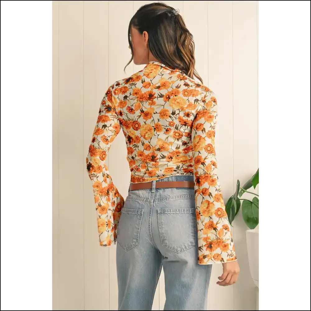Orange Floral Print Bell Sleeve: Unleash your Inner Goddess (needful Things) 🌺 - Blouses on Sale Worldwide Shipping