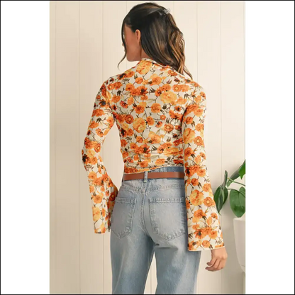 Orange Floral Print Bell Sleeve: Unleash your Inner Goddess (needful Things) 🌺 - Blouses on Sale Worldwide Shipping