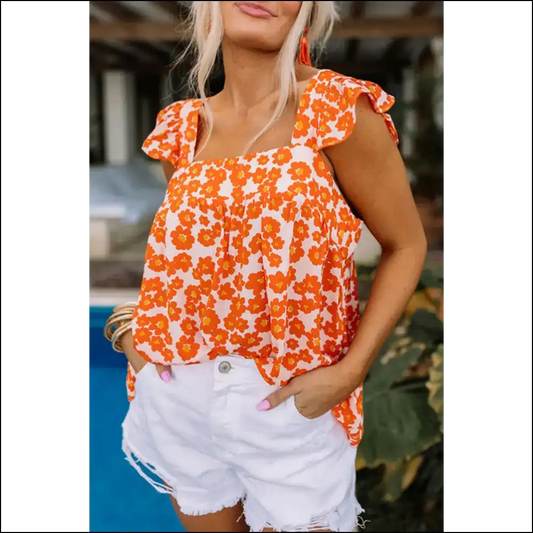 Orange Floral Print: Square Neck Tank so Fetch! Needful Things. 🌼 - s - Sleeveless Shirts Tops on Sale Worldwide Shipping