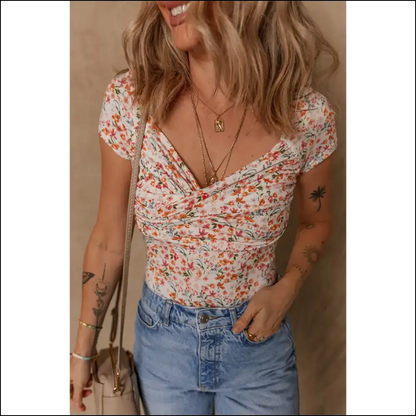 Orange Floral Ruched v Neck Bodysuit: Needful Things Made you do it 😈 - s - Bodysuit on Sale Worldwide Shipping