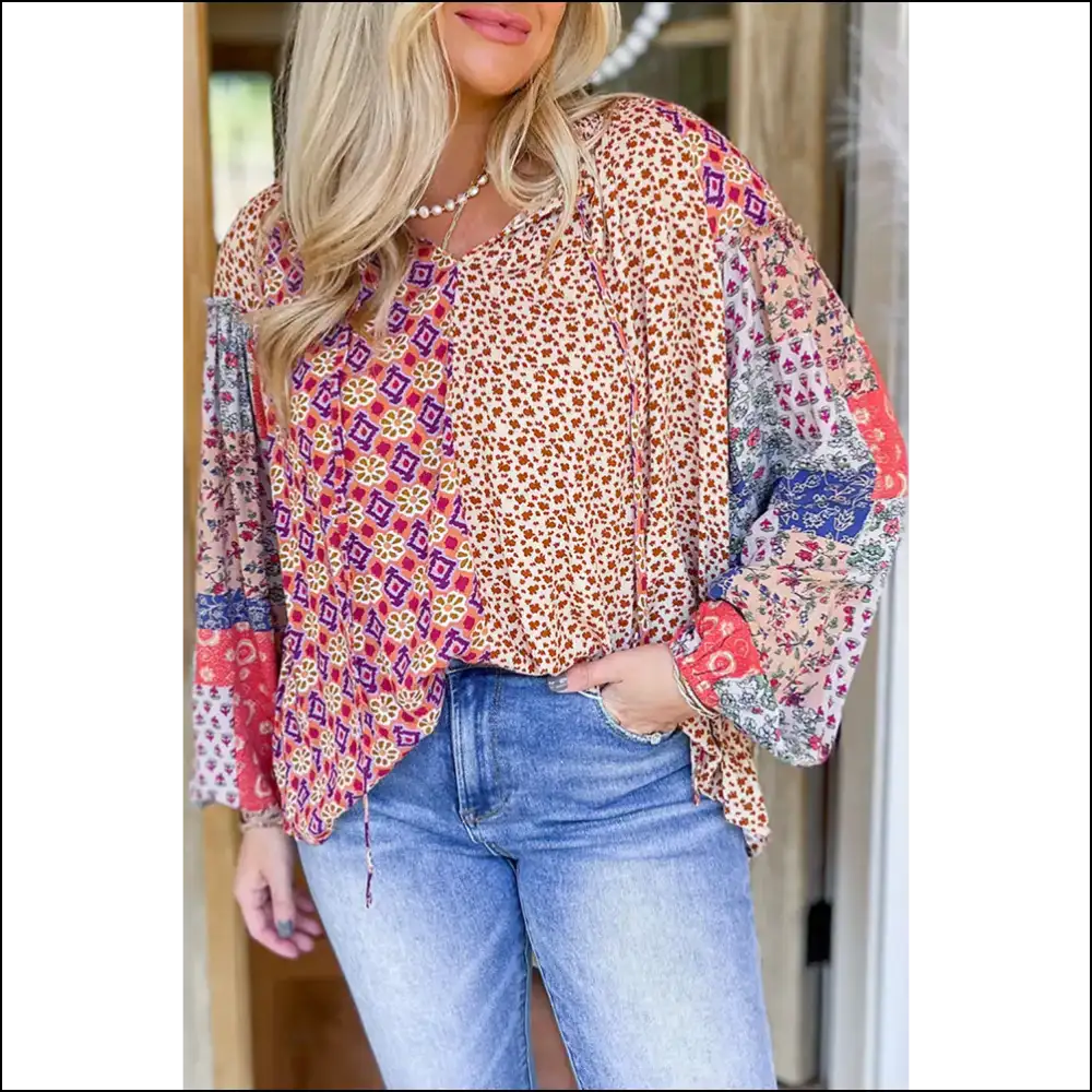 Orange Mixed Floral Patchwork: Needful Things’ Oops I’m Fabulous’ Blouse 🌼 - s - Blouses on Sale Worldwide Shipping