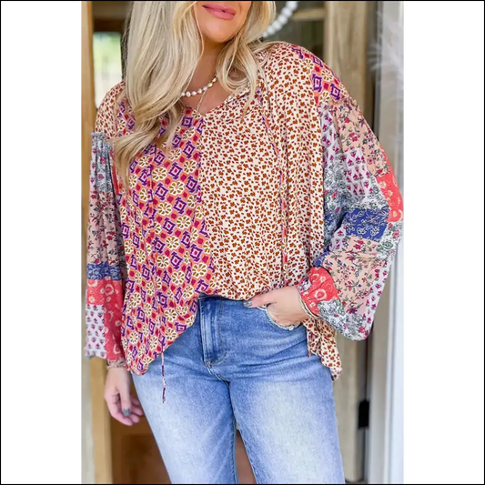 Orange Mixed Floral Patchwork: Needful Things’ Oops I’m Fabulous’ Blouse 🌼 - s - Blouses on Sale Worldwide Shipping
