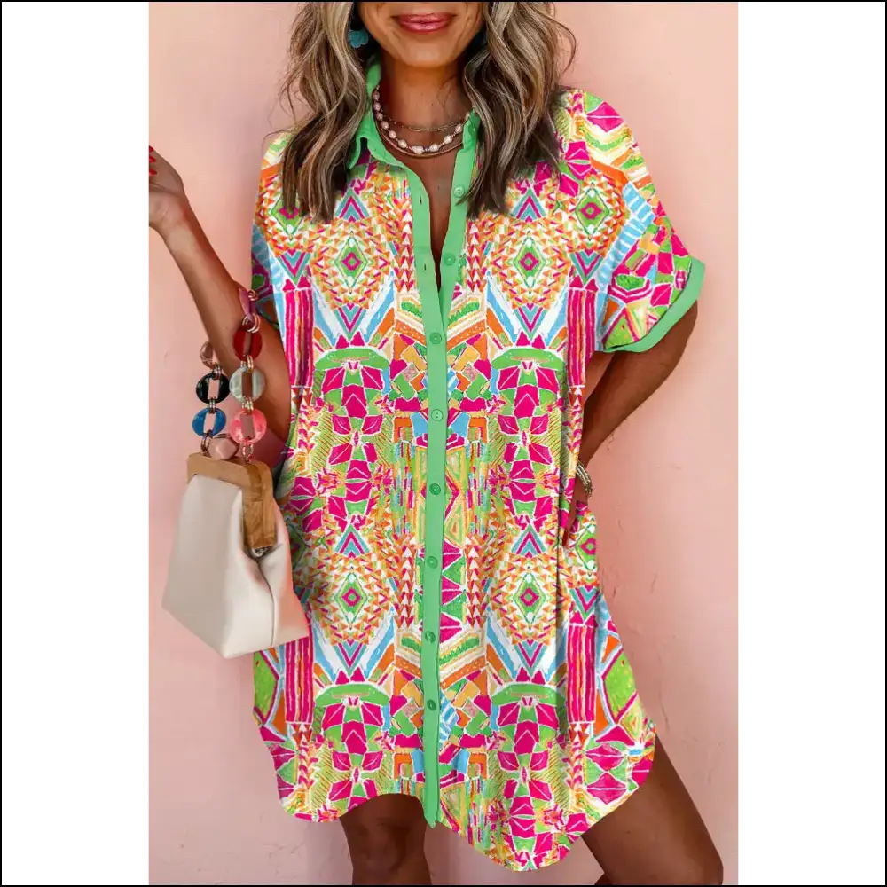 Orange you Glad It’s a Geometric Print Shirt Dress? 🍊 Needful Things - s - Short Dresses on Sale Worldwide Shipping