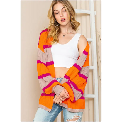 Orange you Glad It’s Ribbed Knit Season ? 🍊 Chic Stripe Knit! - Cardigans on Sale Worldwide Shipping