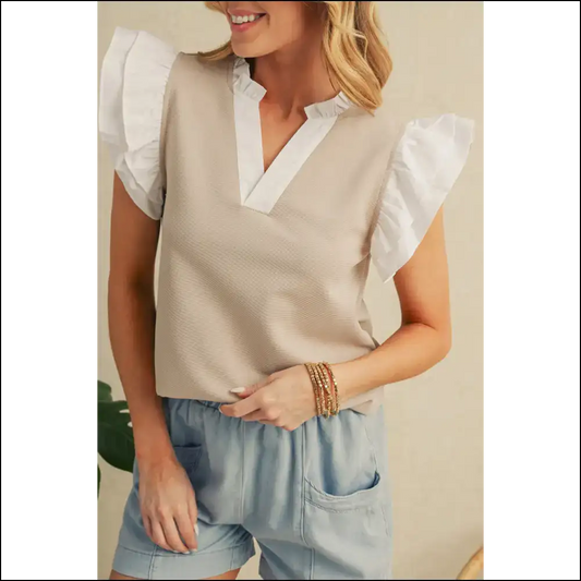Pale Khaki Frill v Neck Top: Elegance Vomited on a Shirt (in Good Way!) - s - Sleeveless Shirts Tank Tops on Sale Worldwide Shipping