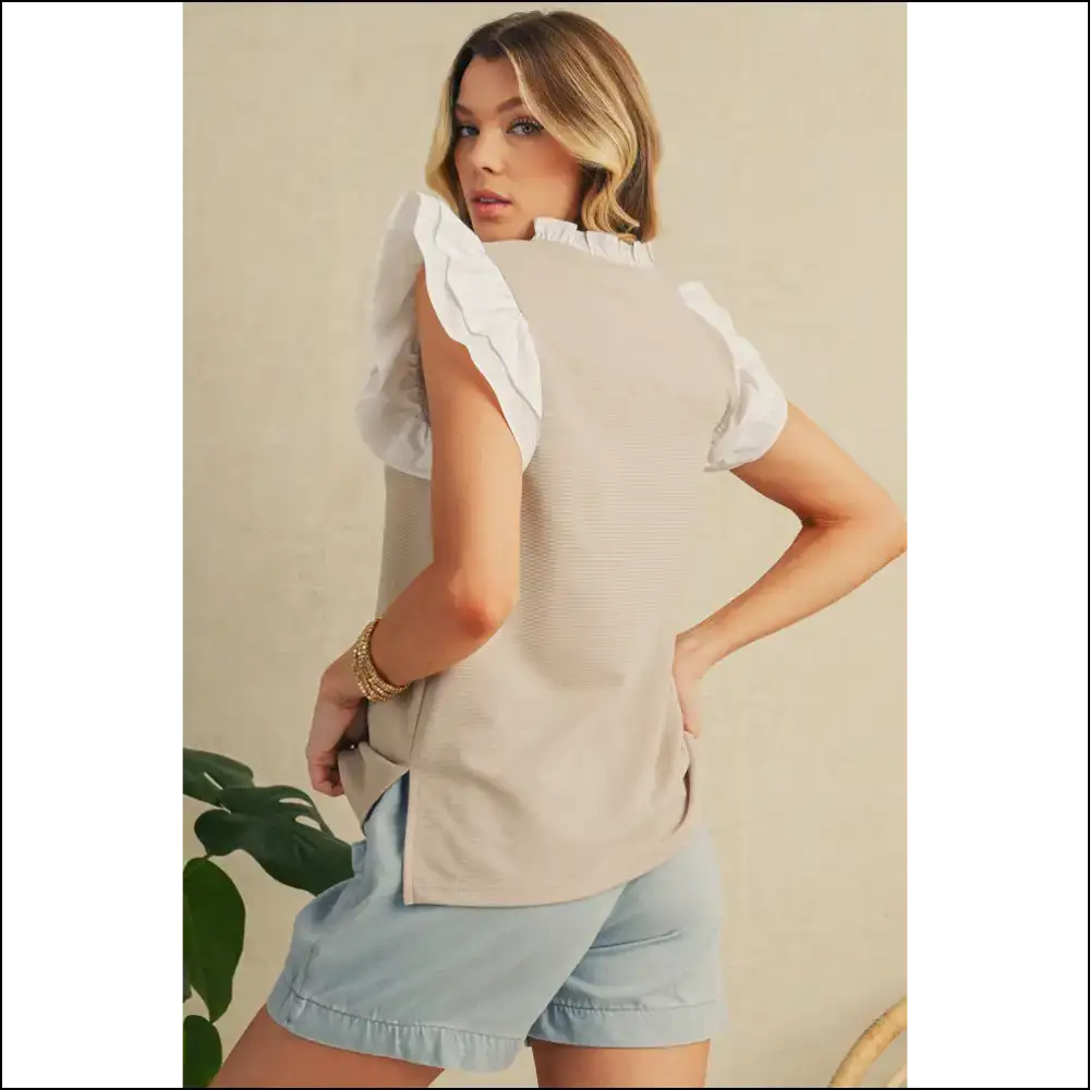 Pale Khaki Frill v Neck Top: Elegance Vomited on a Shirt (in Good Way!) - Sleeveless Shirts Tank Tops on Sale Worldwide Shipping