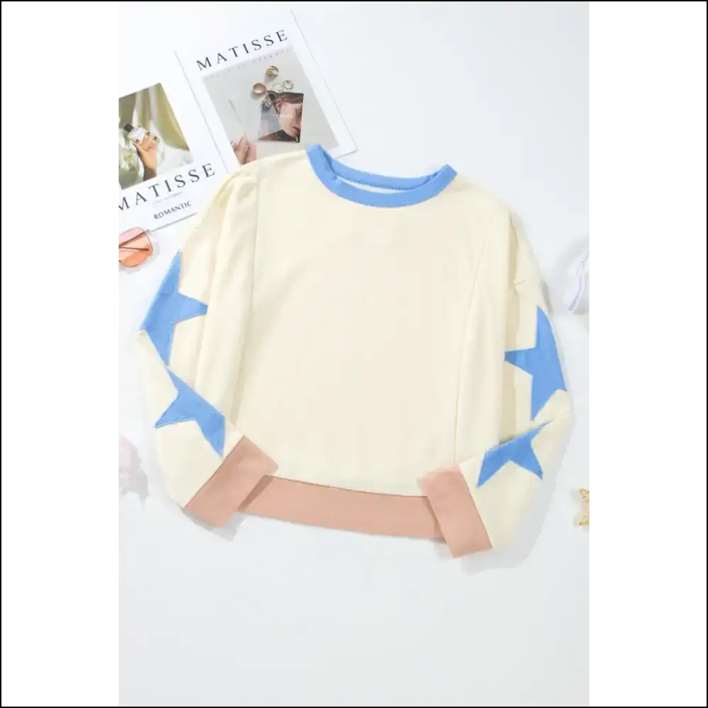 Parchment Star Patchwork Oversized Sweatshirt: Hug! ✨ Needful Things - s - Sweatshirts & Hoodies on Sale Worldwide Shipping