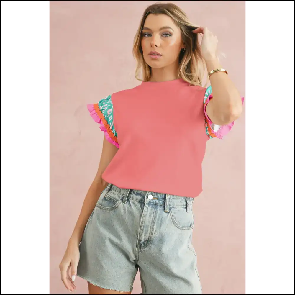 Peach Blossom Floral Sleeve Textured Blouse: Instant Upgrade! 🍑🌸 - Blouses on Sale Worldwide Shipping