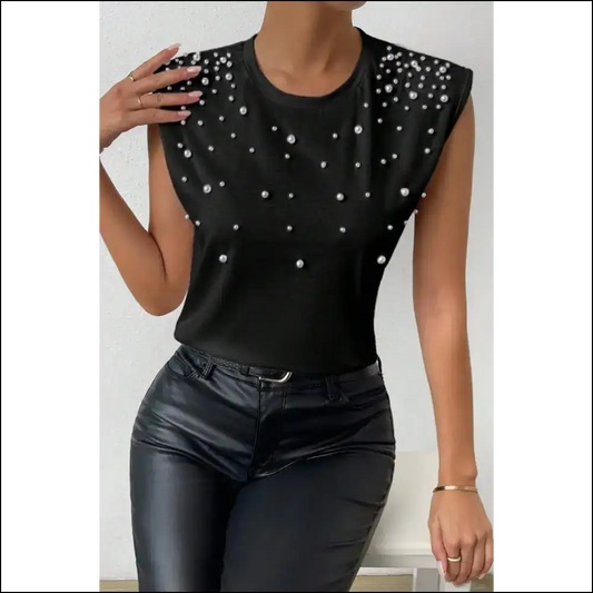 Pearl Detail Round Neck Tank - Chic Elegance - Black / s - Tops on Sale Worldwide Shipping