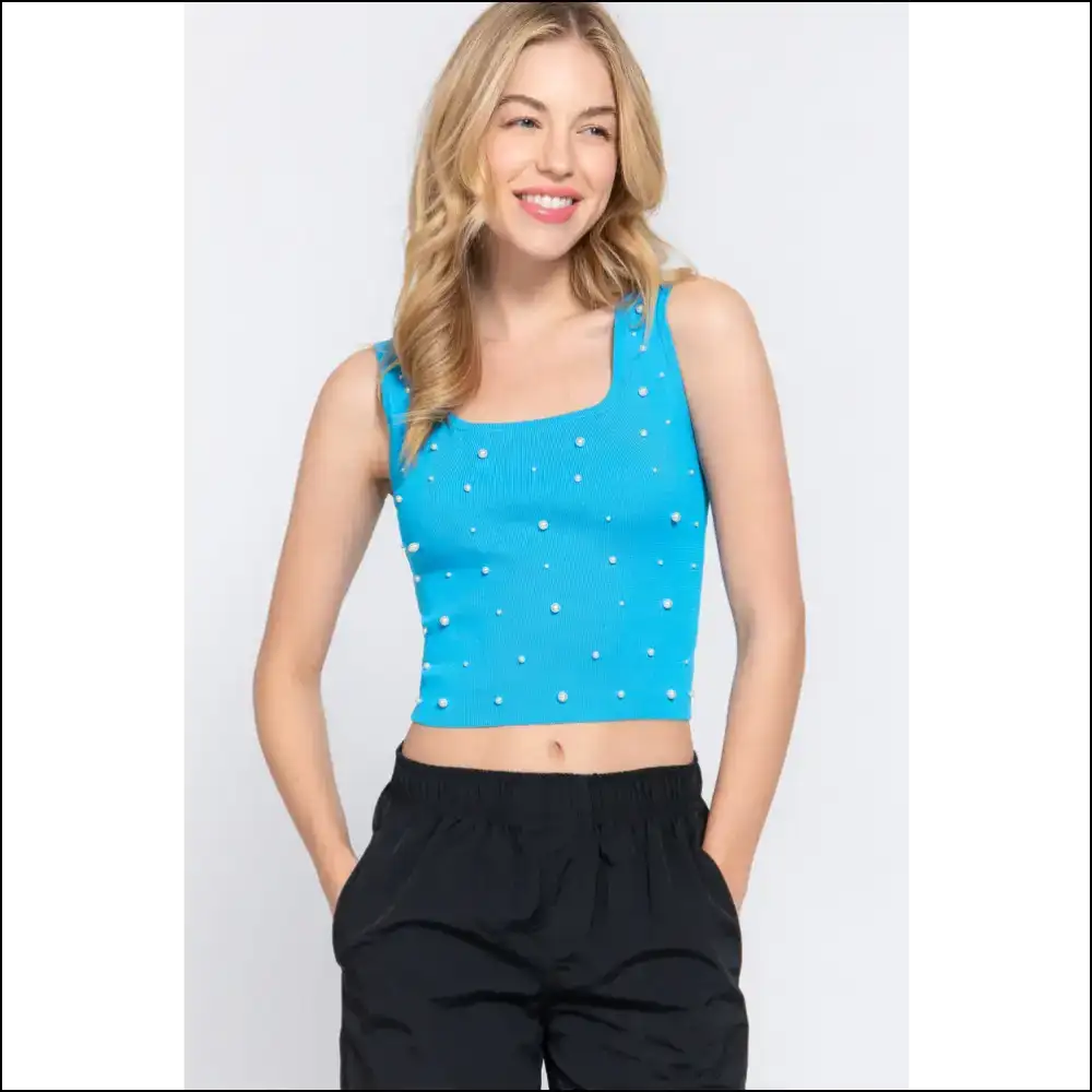 Pearl Detail Square Neck Cropped Tank - Aqua / s - Tops on Sale Worldwide Shipping