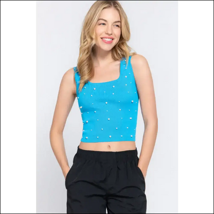 Pearl Detail Square Neck Cropped Tank - Aqua / s - Tops on Sale Worldwide Shipping