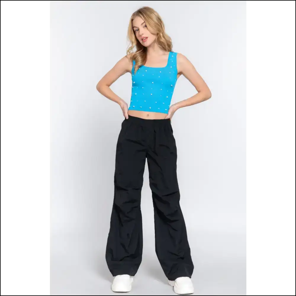 Pearl Detail Square Neck Cropped Tank - Tops on Sale Worldwide Shipping