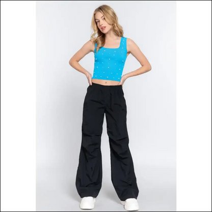 Pearl Detail Square Neck Cropped Tank - Tops on Sale Worldwide Shipping
