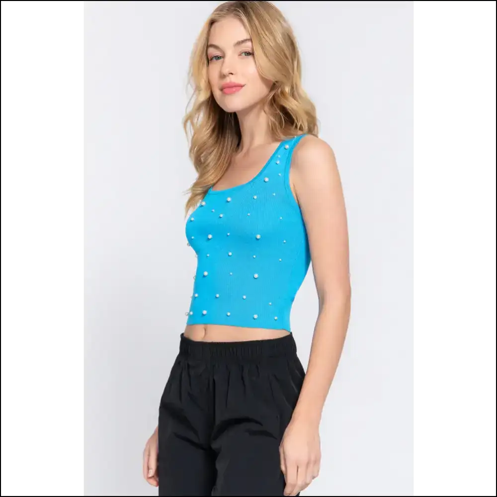 Pearl Detail Square Neck Cropped Tank - Tops on Sale Worldwide Shipping