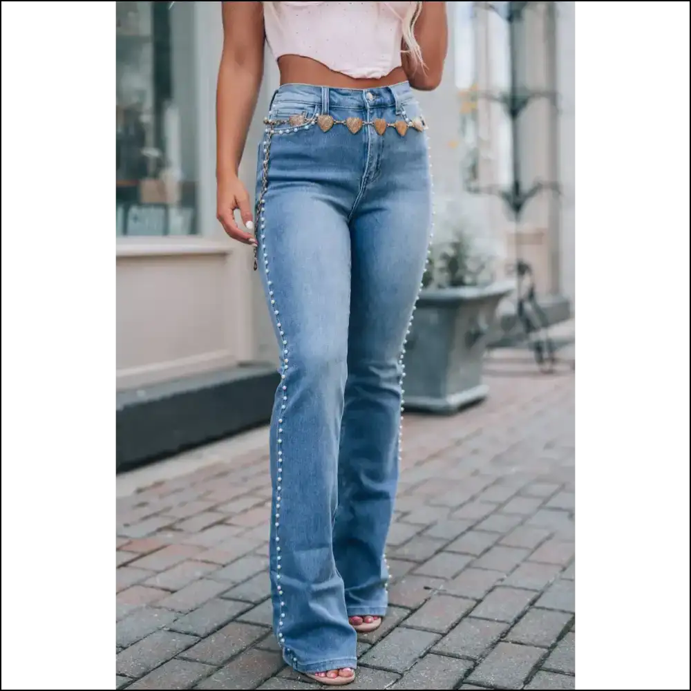 Pearl Trim High Waist Bootcut Jeans: Because Basic is Boring Darling! 💃✨ - Beau Blue / 6 - Jeans on Sale Worldwide Shipping